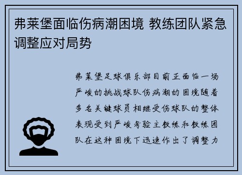 弗莱堡面临伤病潮困境 教练团队紧急调整应对局势