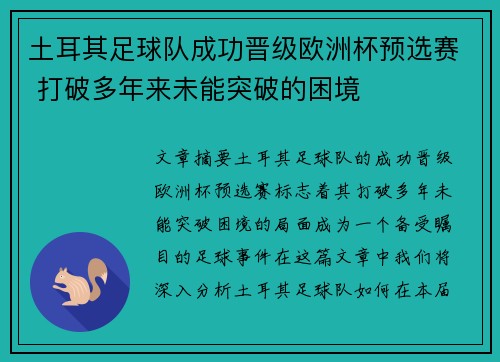 土耳其足球队成功晋级欧洲杯预选赛 打破多年来未能突破的困境