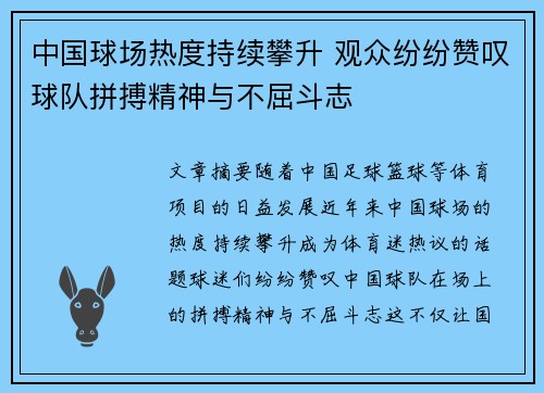 中国球场热度持续攀升 观众纷纷赞叹球队拼搏精神与不屈斗志